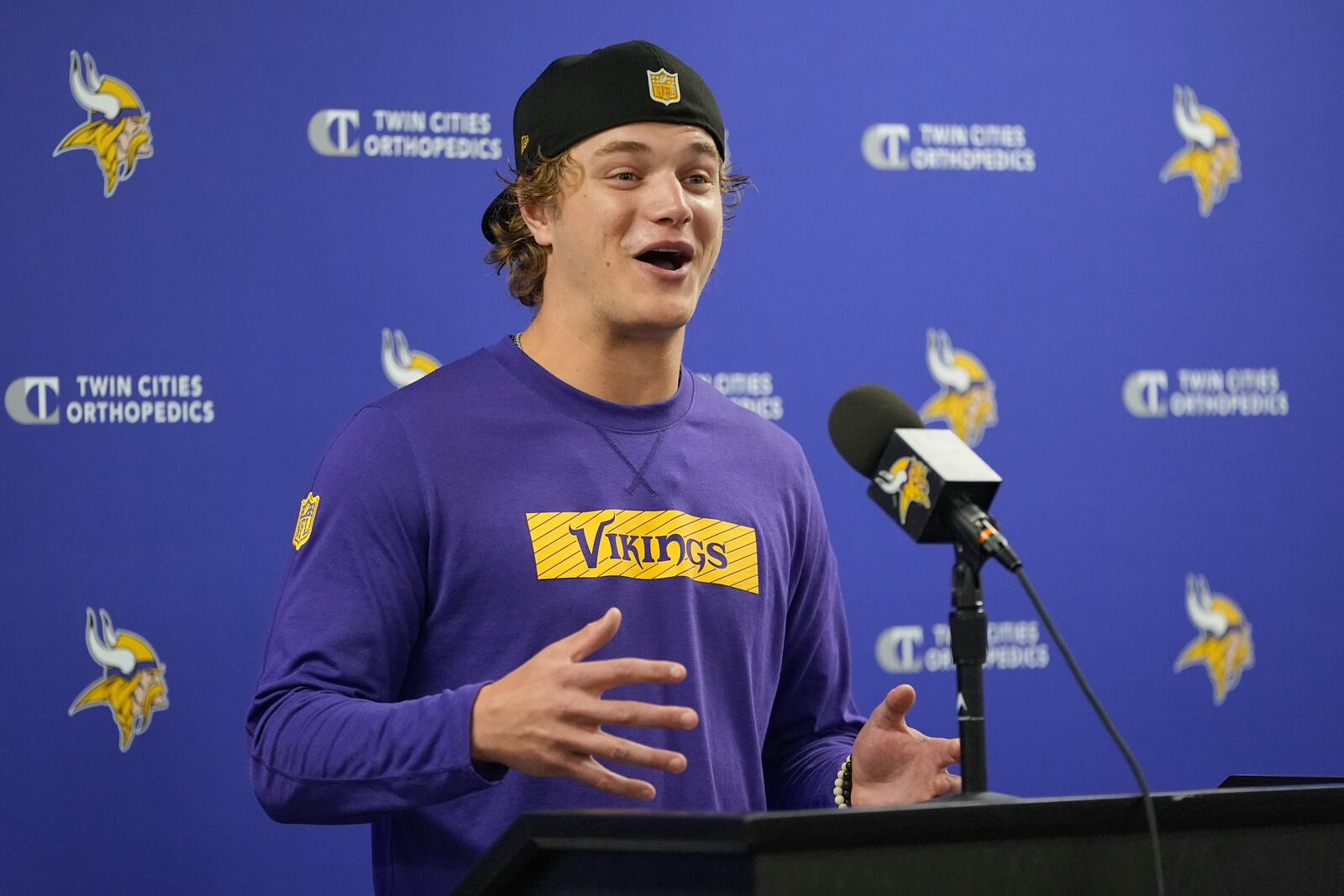 Minnesota Vikings quarterback J.J. McCarthy (9) answers questions during an NFL football press conference Tuesday, April 29, 2025 in Eagan, Minn. (AP Photo/Abbie Parr)