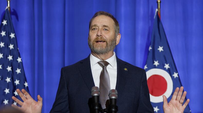 FILE - Republican Ohio Attorney General Dave Yost speaks during an election night watch party on Nov. 8, 2022, in Columbus, Ohio. In an interview with the Associated Press Wednesday, Dec. 14, Yost says he laments suffering he caused by suggesting in a nationally-televised interview that a 10-year-old rape victim from Ohio who had sought an abortion in Indiana might have been a fabrication. (AP Photo/Jay LaPrete, File)