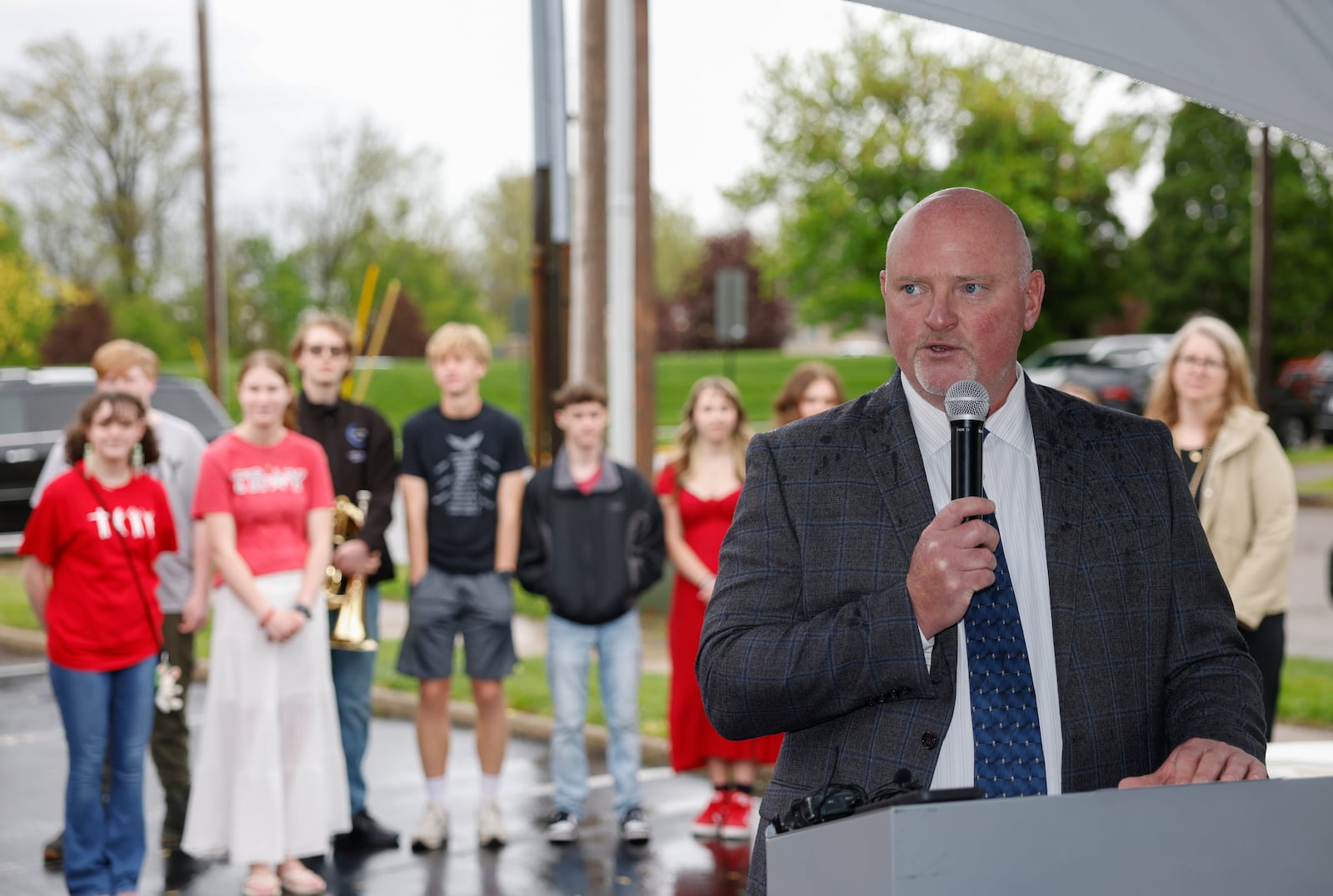 Chris Piper, superintendent of the Troy City School Board of Education, speaks during a groundbreaking of three new elementaries and one intermediate school within Troy City Schools on Thursday, May 1, 2025, at Hook Elementary School. JOSEPH COOKE/STAFF