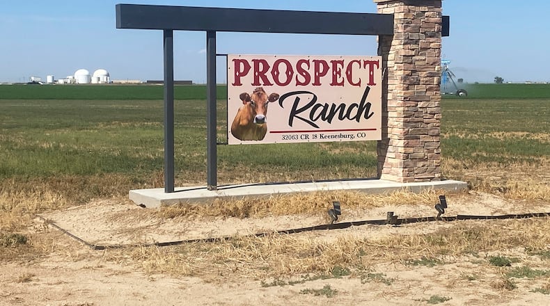 FILE - A sign stands at Prospect Ranch outside of Prospect Valley Dairy east of Keenesburg, Colo., Aug. 21, 2025. (Chris Bolin/Denver Post via AP, File)