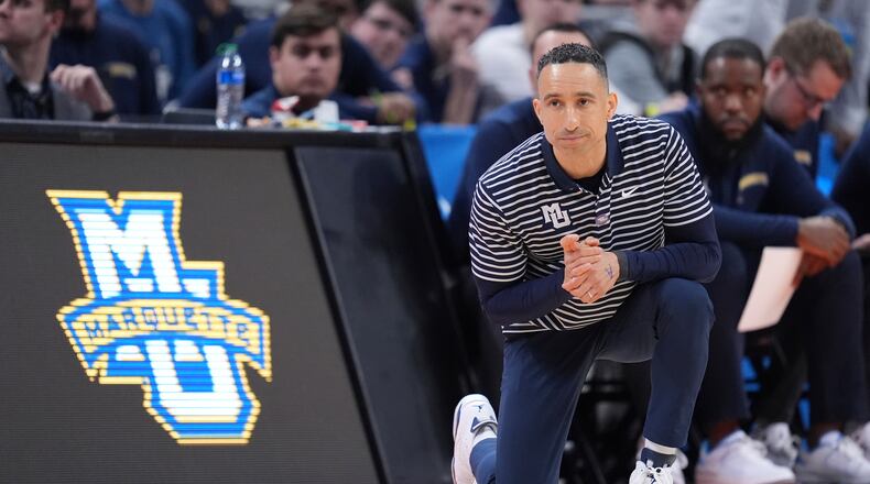 Marquette head coach Shaka Smart is seen on the sidelines during the second half of a second-round college basketball game against Colorado in the NCAA Tournament, Sunday, March 24, 2024 in Indianapolis. (AP Photo/Michael Conroy)