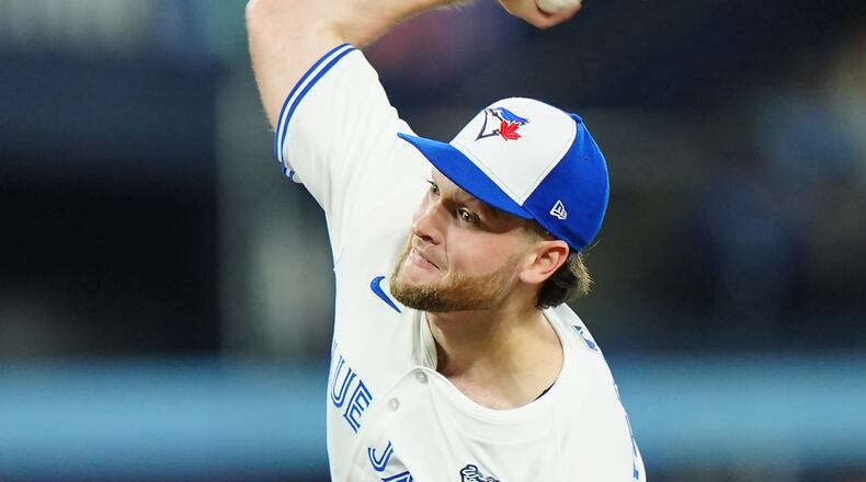Toronto Blue Jays pitcher Trey Yesavage delivers against the Los Angeles Dodgers during first inning of Game 1 of baseball's World Series in Toronto, Friday, Oct. 24, 2025. (Frank Gunn/The Canadian Press via AP)