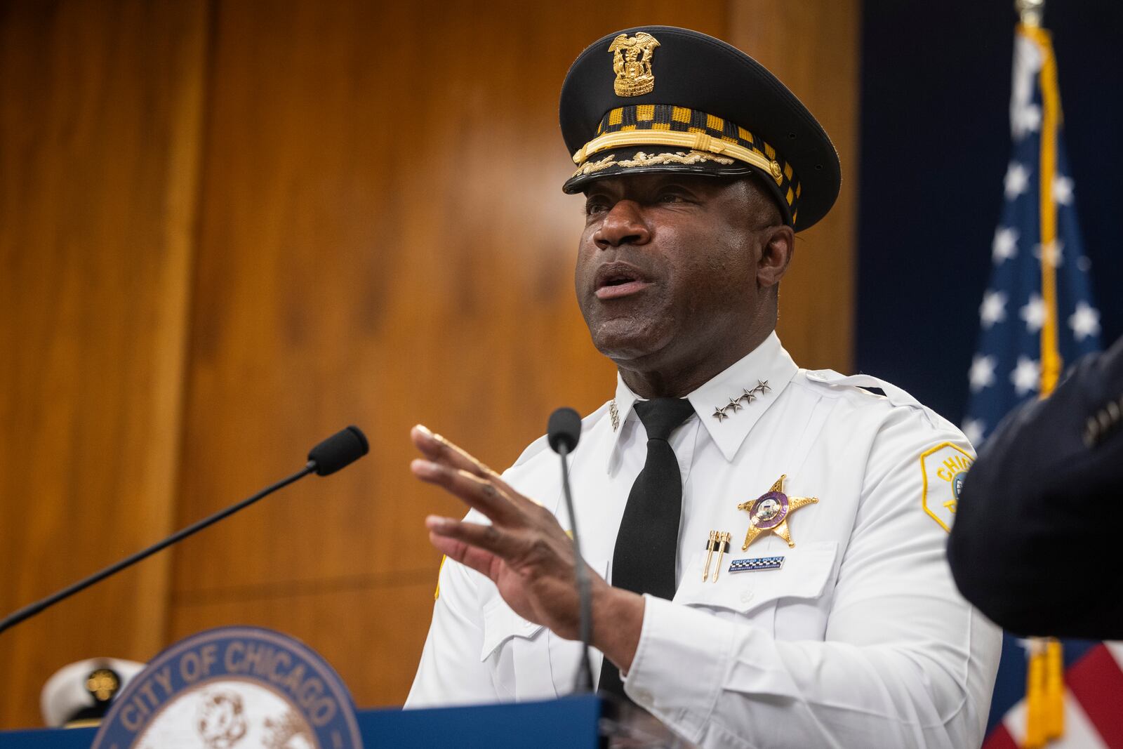 Chicago Police Supt. Larry Snelling responds to an overnight shooting during a news conference at City Hall in the Loop, Thursday, July 3, 2025. (Ashlee Rezin /Chicago Sun-Times via AP)