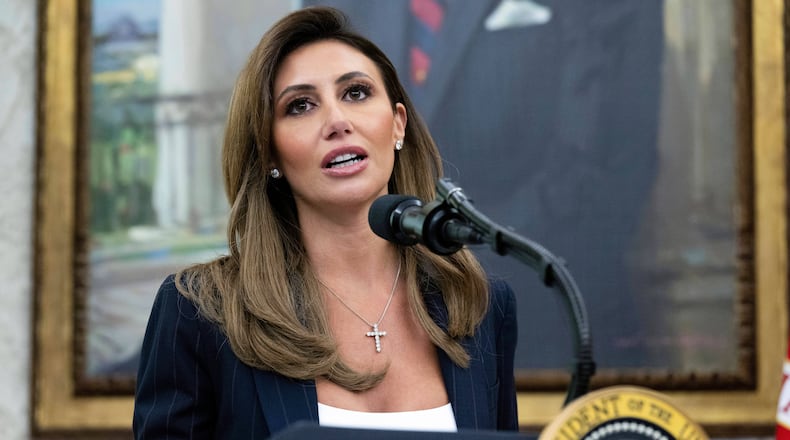 FILE - Alina Habba speaks after being sworn in as interim US Attorney General for New Jersey, in the Oval Office of the White House in Washington, on March 28, 2025. (Pool File via AP, file)