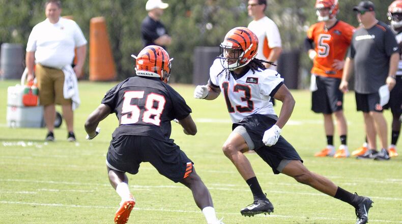 Wide receiver Ka’Raun White (13) runs a route during Cincinnati Bengals rookie camp Saturday. JAY MORRISON/STAFF