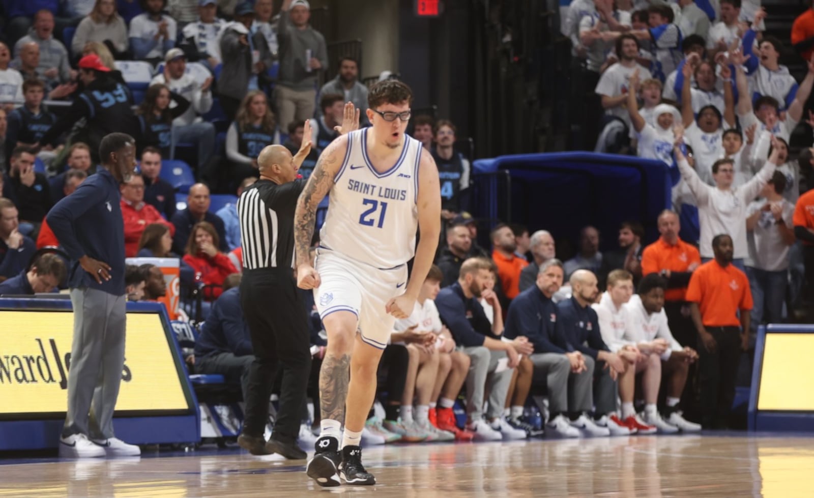 Robbie Avila, of Saint Louis, celebrates after making a 3-pointer against Dayton on Friday, Jan. 30, 2026, at Chaifetz Arena in St. Louis, Mo. David Jablonski/Staff