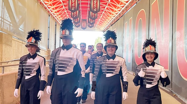 After a winning performance on "The Shoe" in the Ohio State Stadium, Beavercreek band members walk proudly through the stadium tunnel. Contributed photo