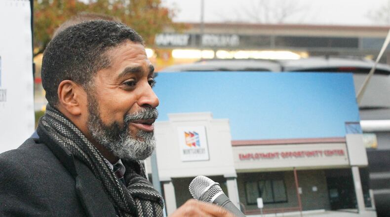 State Rep. Fred Strahorn, D-Dayton, speaks Wednesday about a new Employment Opportunity Center that when finished will house services for job seekers and space for youth mentorship programs in West Dayton. CHRIS STEWART / STAFF