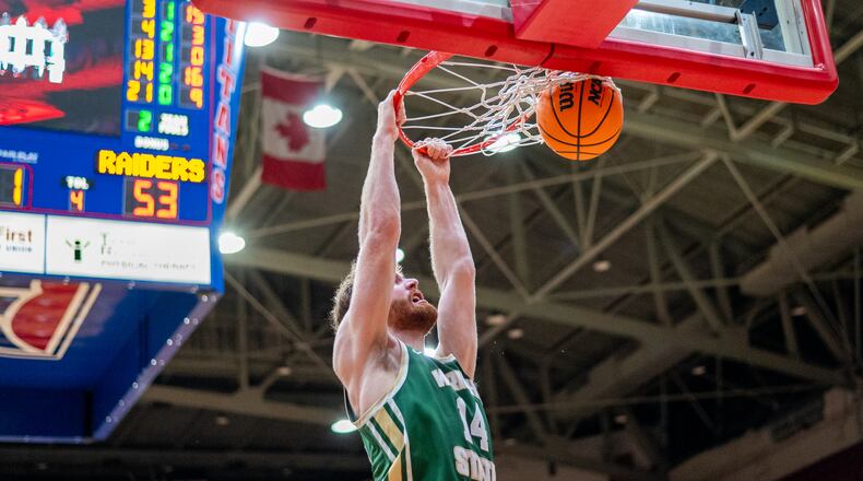 Wright State's Brandon Noel dunks at Detroit Mercy earlier this season. Wright State Athletics photo