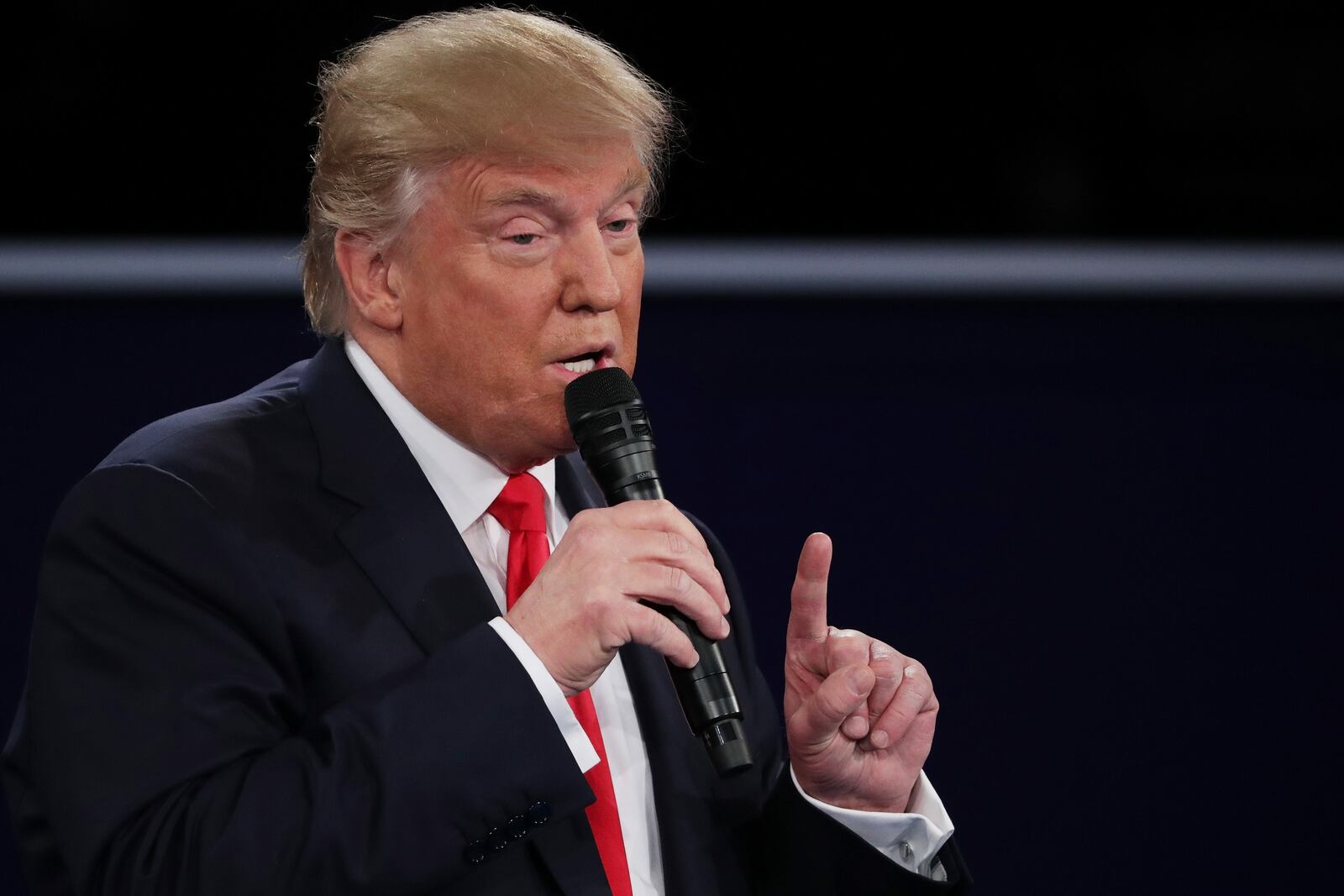 ST LOUIS, MO - OCTOBER 09: Republican presidential nominee Donald Trump responds to a question during the town hall debate at Washington University on October 9, 2016 in St Louis, Missouri. This is the second of three presidential debates scheduled prior to the November 8th election. (Photo by Chip Somodevilla/Getty Images)