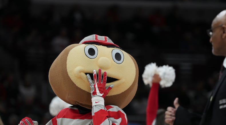 Ohio State mascot Brutus Buckeye performs during the second half of an NCAA college basketball game against Michigan State at the Big Ten men's tournament, Friday, March 10, 2023, in Chicago. (AP Photo/Erin Hooley)