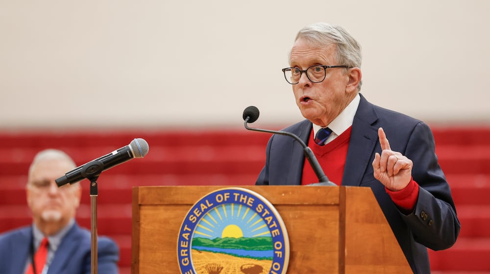 Ohio Gov. Mike DeWine speaks to students and teachers about his new children's eyesight program, OhioSEE, on Monday, Feb. 9, 2026, in South Vienna. JOSEPH COOKE / STAFF