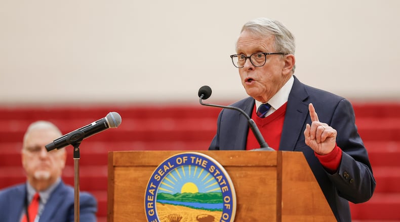 Ohio Gov. Mike DeWine speaks to students and teachers about his new children's eyesight program, OhioSEE, on Monday, Feb. 9, 2026, in South Vienna. JOSEPH COOKE / STAFF