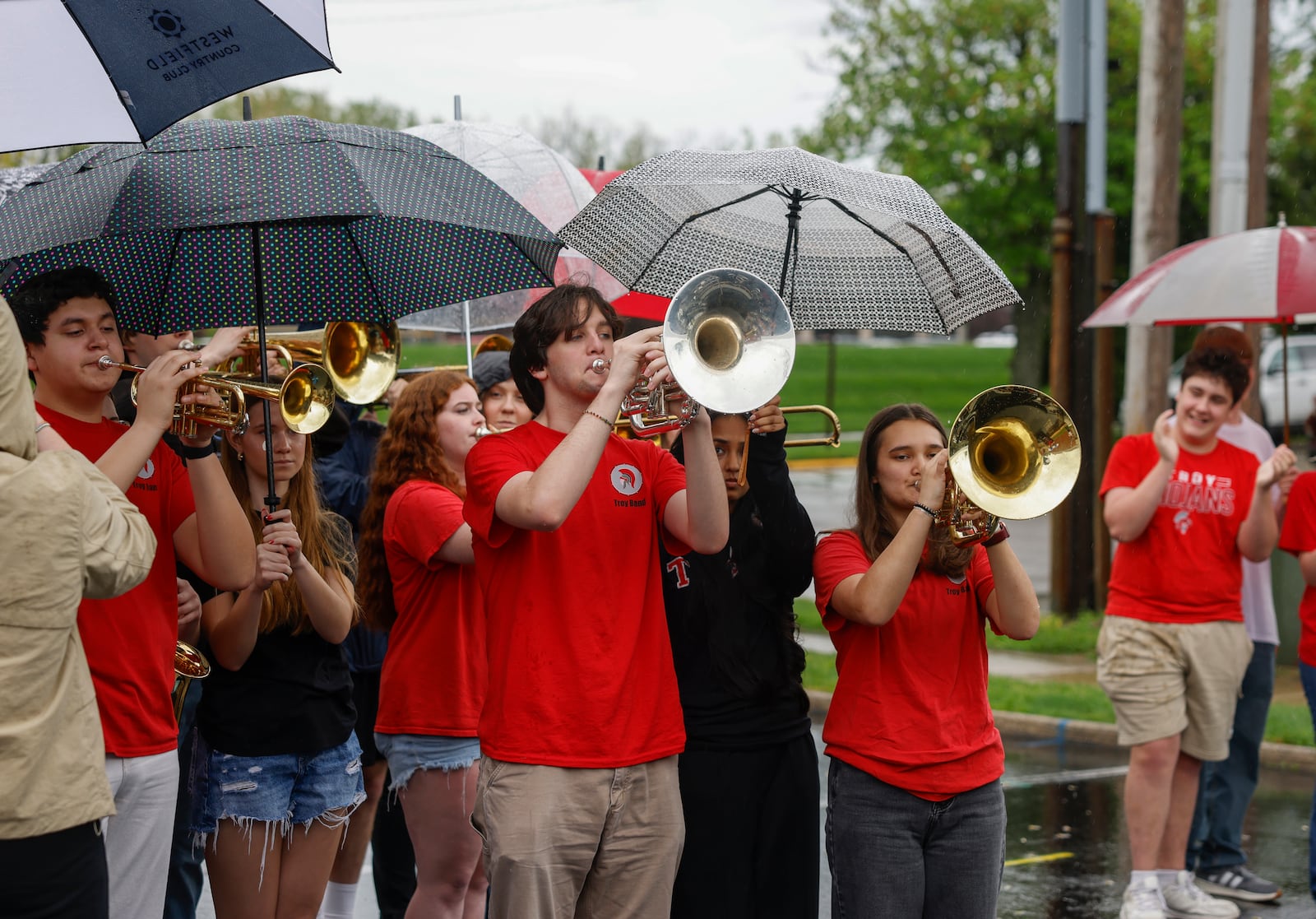 Ike Hampshire, left, and Iz Olivieri, of the Troy Band, play the mellophone during a groundbreaking of three new elementaries and one intermediate schools within Troy City Schools on Thursday, May 1, 2025, at Hook Elementary School. JOSEPH COOKE/STAFF
