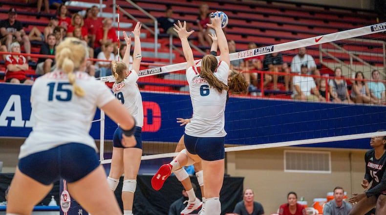 The Dayton volleyball team plays a preseason match in August 2021. Photo by AJ Schrafenberger, Dayton Athletics Communication