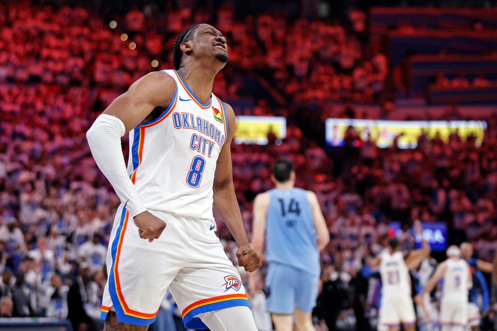 Oklahoma City Thunder forward Jalen Williams (8) reacts after a dunk during the first half in Game 1 of an NBA first-round playoff series against the Memphis Grizzlies, Sunday, April 20, 2025, in Oklahoma City. (AP Photo/Nate Billings)