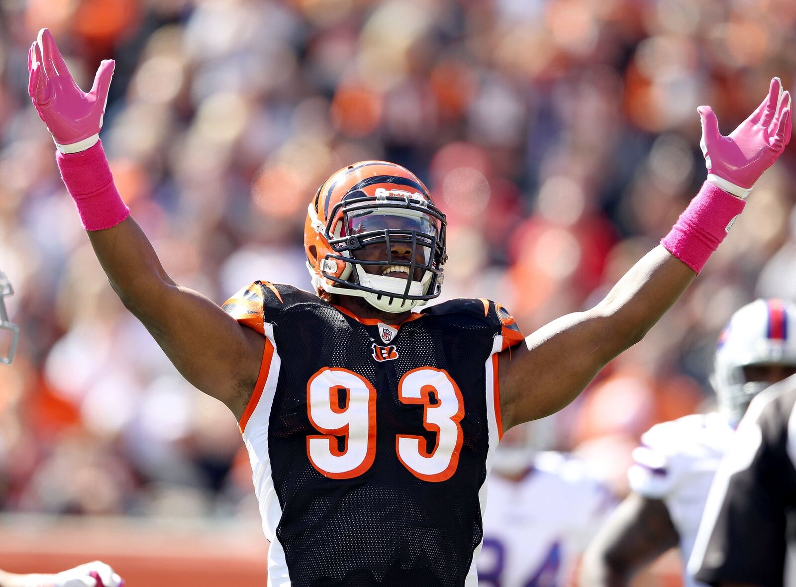 CINCINNATI, OH - OCTOBER 02: Michael Johnson #93 of the Cincinnati Bengals celebrates during the 23-20 victory against the Buffalo Bills at Paul Brown Stadium on October 2, 2011 in Cincinnati, Ohio. (Photo by Andy Lyons/Getty Images)