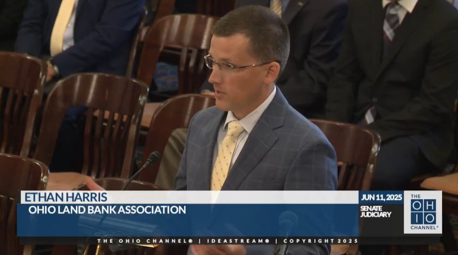 Clark County Land Bank Executive Director Ethan Harris spoke during the Senate Judiciary Meeting on June 11 regarding SB 102, the Gus Frangos Bill, which was produced by the Ohio Land Bank Association to make the law more effective, efficient and ethical when it comes to addressing blighted properties and increasing housing opportunities.