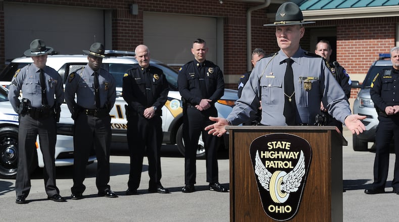 Lt. Geoffrey Freeman with Ohio State Highway Patrol Dayton Post talks Tuesday March 1, 2022 about the new initiative to promote traffic safety, reduce fatal crashes and crime. MARSHALL GORBY\STAFF