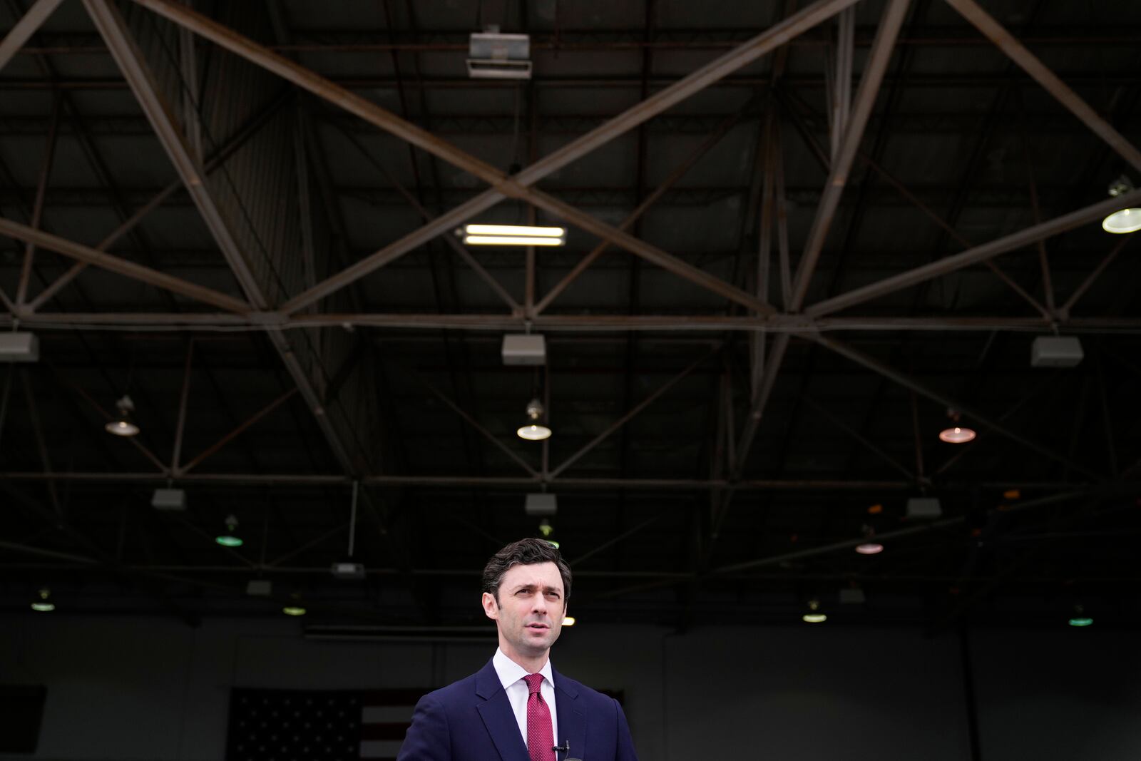 Sen. Jon Ossoff, D-Ga., speaks during an interview at Dobbins Air Reserve Base, Saturday, April 26, 2025, in Marietta, Ga. (AP Photo/Brynn Anderson)
