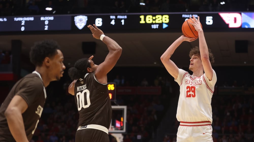 Dayton's Amaël L'Etang shoots against St. Bonaventure on Tuesday, Feb. 3, 2026, at UD Arena. David Jablonski/Staff
