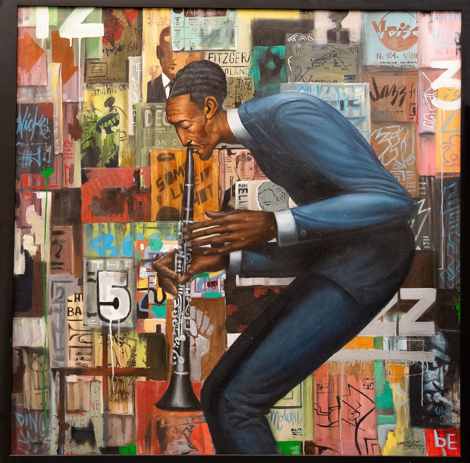 Frank Morrison (American, 1971), On Blue Note, 2015, oil on canvas, 41 x 41”, private collection