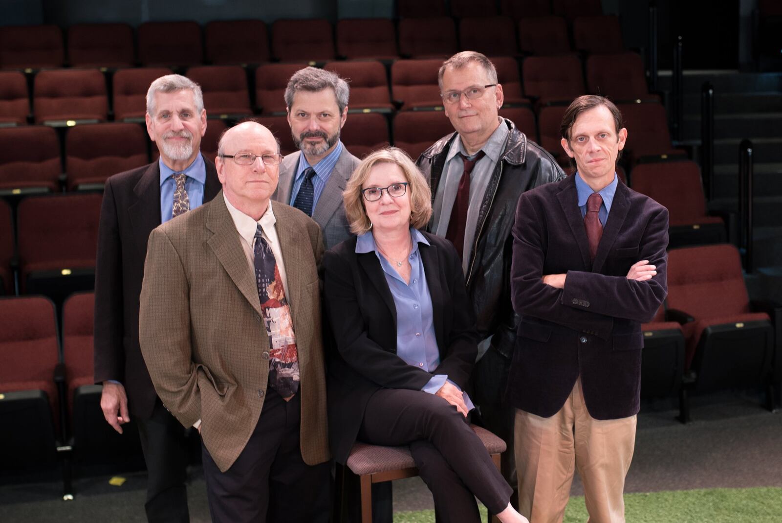 Marc Moritz, K.L. Storer, Doug MacKechnie, Patricia O Hara (playwright), Brian Dykstra and Scott Hunt accent the Human Race Theatre Company’s world premiere of “Banned from Baseball” Sept. 6-23 at the Loft Theatre. CONTRIBUTED PHOTO BY HEATHER N. POWELL