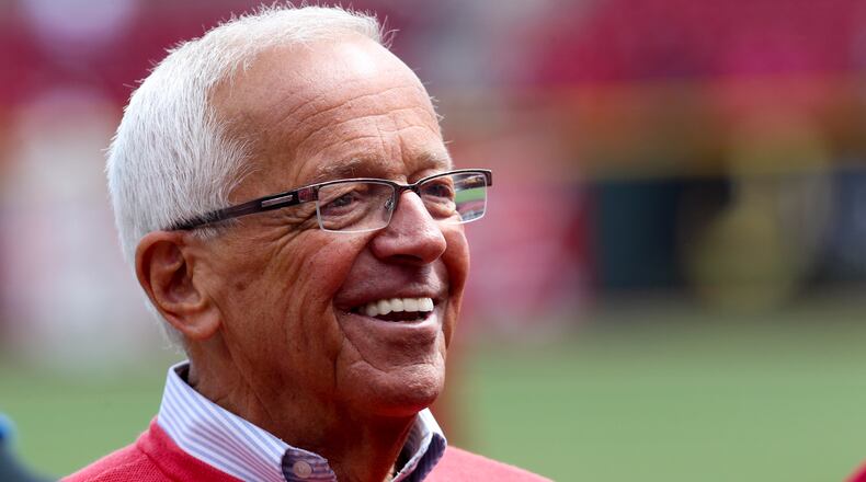 Reds radio announcer Marty Brennaman talks with friends during during opening day festivities at Great American Ball Park, Monday, April 1, 2013. GREG LYNCH / STAFF