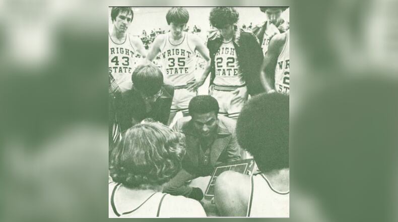 Former Wright State men's basketball coach Marcus Jackson draws up a play. Jackson, the first coach to lead the Raiders to 20 wins and the NCAA tournament, died last week at 82. Wright State Athletics photo