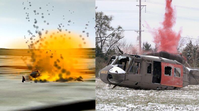 Constructive and live helicopters explode simultaneously after a strike by a virtual A-10 during a demonstration at the National Center for Medical Readiness in Fairborn, Ohio, Nov. 14. The mirrored constructive and live simulation effects create a more relevant and realistic training experience. (U.S. Air Force graphic)
