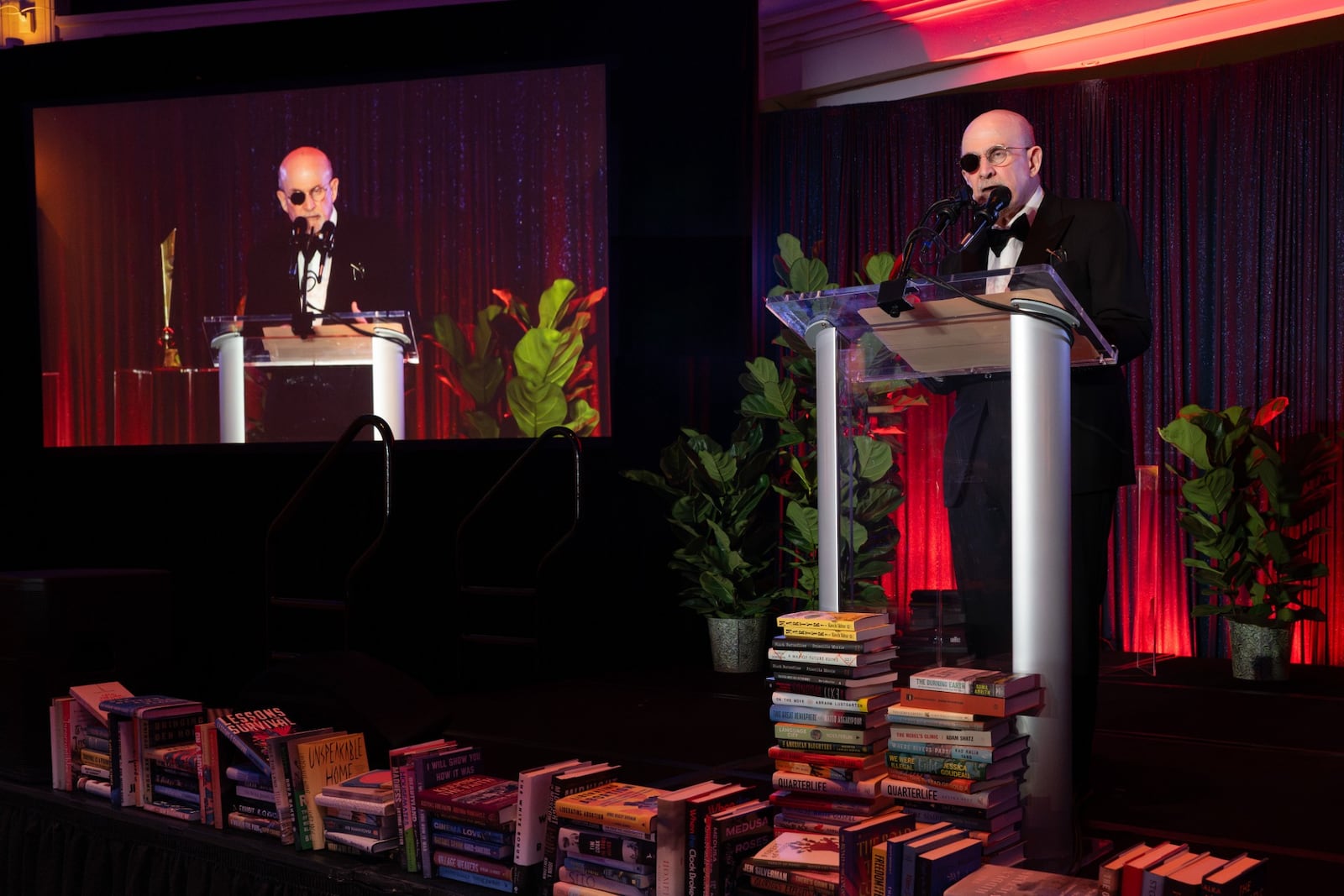 Salman Rushdie gives his acceptance speech at the Nov. 9, 2025 Dayton Literary Peace Prize awards gala held in the rotunda of the Dayton Arcade.  Chris Snyder / CONTRIBUTED
