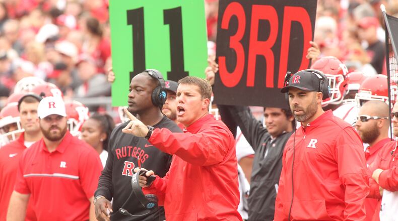 Rutgers coach Chris Ash shouts to his players during a game against Ohio State on Saturday, Oct. 1, 2016, at Ohio Stadium in Columbus. David Jablonski/Staff