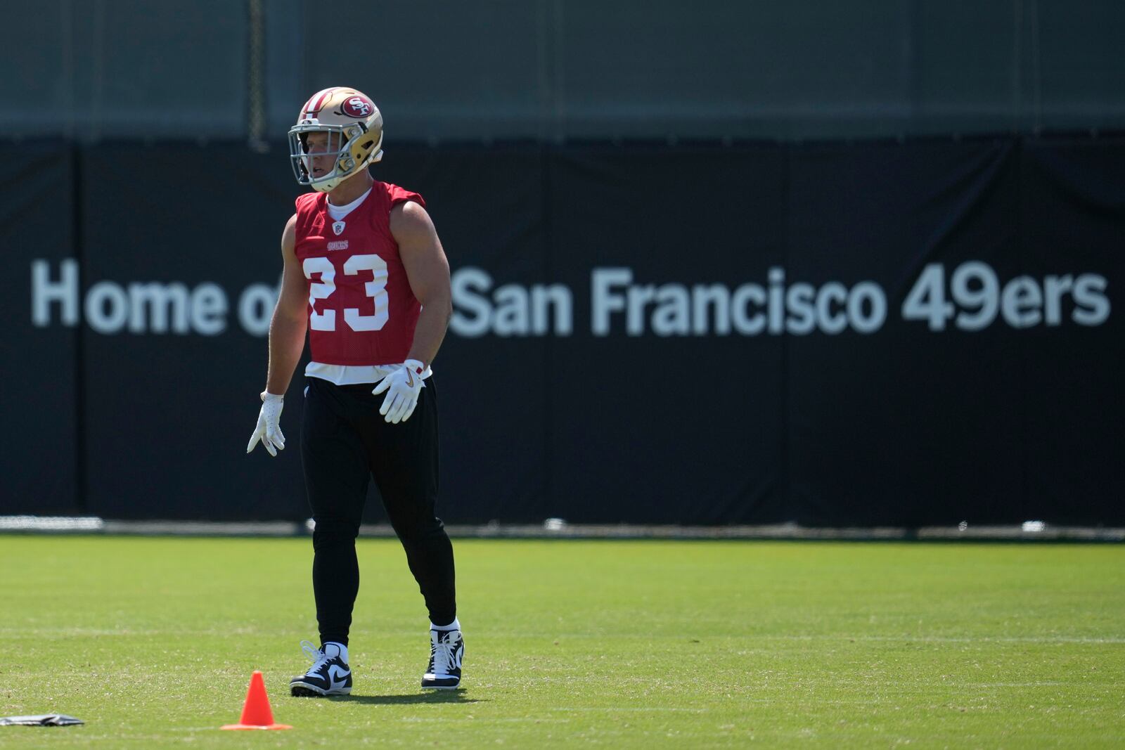 FILE - San Francisco 49ers running back Christian McCaffrey (23) during practice at NFL football minicamp, June 11, 2025, in Santa Clara, Calif. (AP Photo/Jeff Chiu, file)