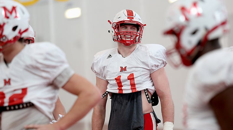 Miami RedHawks defensive lineman Austin Gearing (11) at practice in Oxford on Tuesday. CONTRIBUTED / E.L. HUBBARD