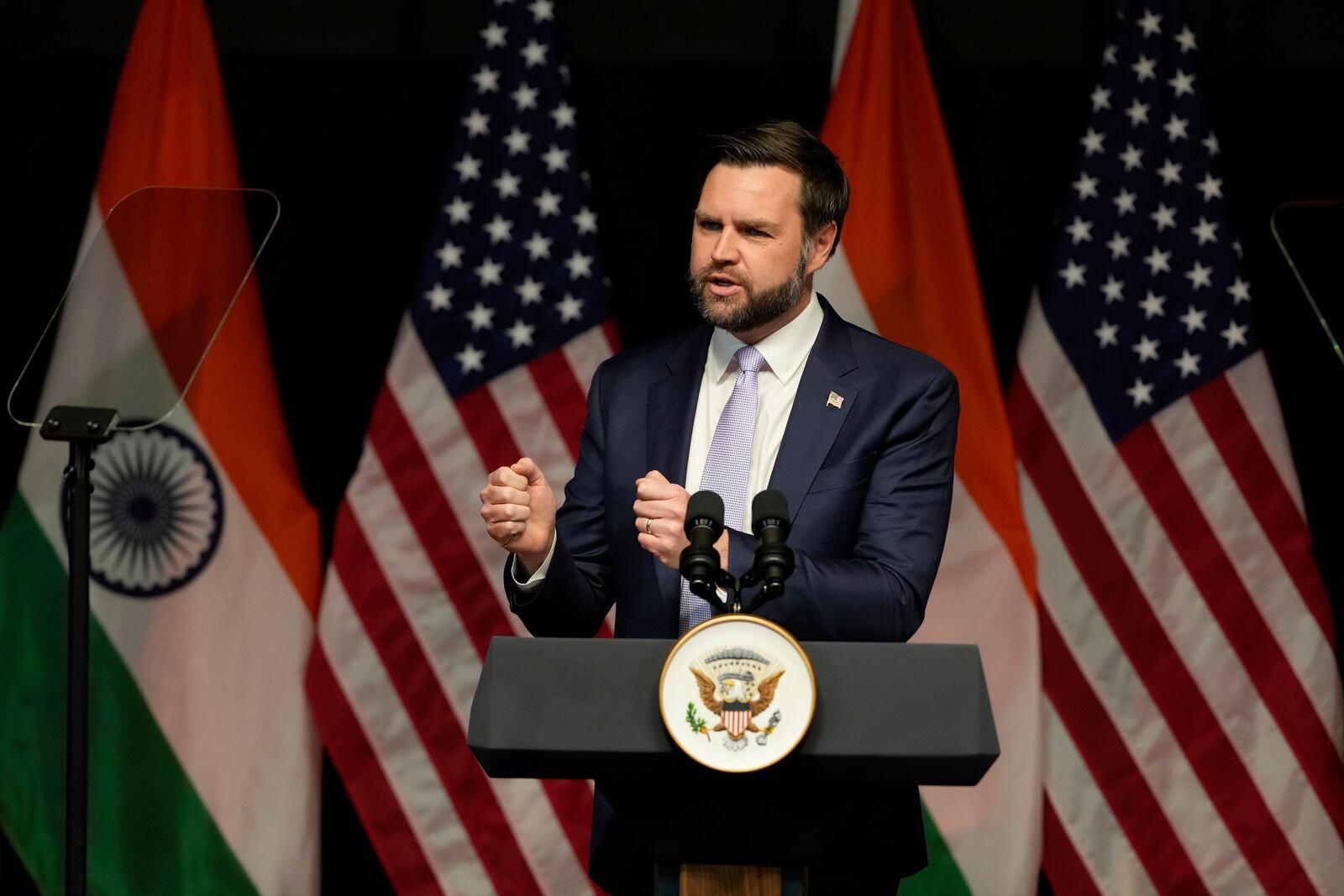 U.S. Vice President JD Vance speaks at the Rajasthan International Center in Jaipur, India, Tuesday, April 22, 2025. (AP Photo/Manish Swarup)