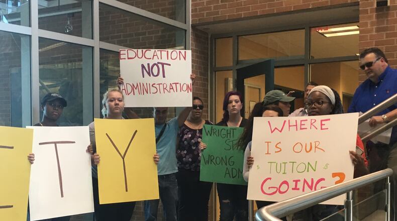 Wright State University student protestors marched to the administration building to demand more accountability amid budget woes, Thursday, Sept. 22, 2016. KATIE WEDELL/STAFF