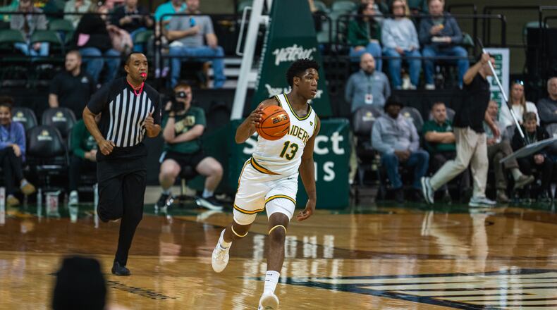 Wright State's Solomon Callaghan brings the ball up court during a game earlier this season at the Nutter Center. Joe Craven/Wright State Athletics