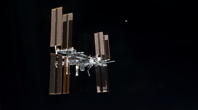 FILE - The International Space Station is seen from the space shuttle Atlantis on July 19, 2011, after it left the orbiting complex. (NASA via AP, File)