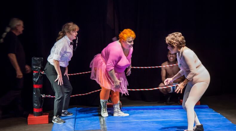 L-R: Melissa Kerr Ertsgaard (Referee), Becky Howard (Lucille) and Fran Pesch (Alice) in the 2017 Dayton Playhouse FutureFest production of "Magnificent Hubba Hubba." CONTRIBUTED
