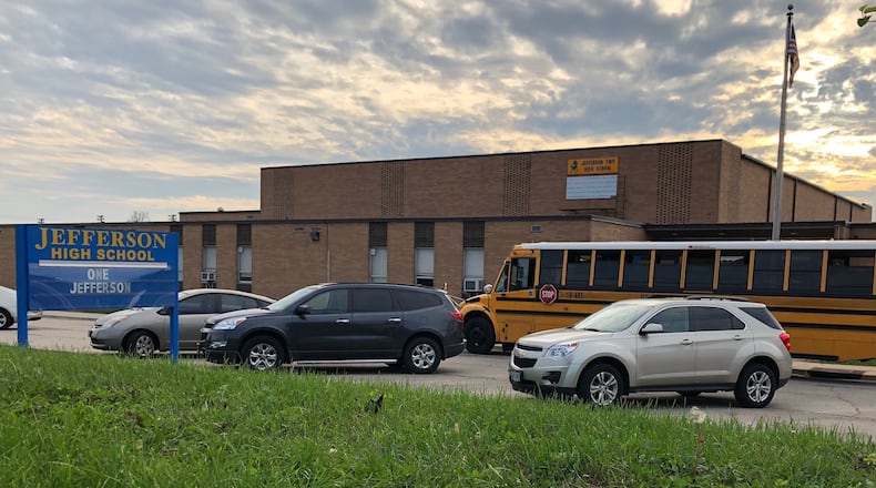 The sun sets behind Jefferson Twp. Junior/Senior High School, on Union Road. JEREMY P. KELLEY/STAFF