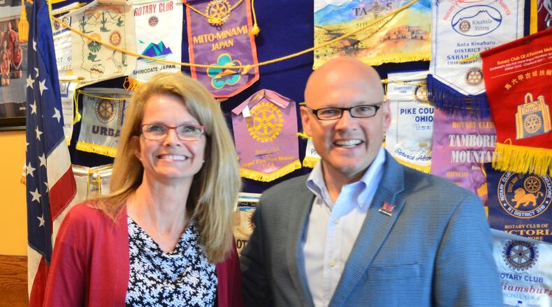Renata and Greg Crawford recently paid a visit to the Oxford Rotary Club to talk about his first year as president of Miami University, while she spoke about the relationship between the city and the university. CONTRIBUTED/BOB RATTERMAN