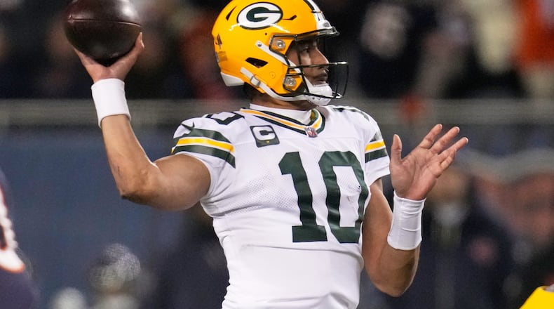 Green Bay Packers' Jordan Love throws during the first half of an NFL football game against the Chicago Bears Saturday, Dec. 20, 2025, in Chicago. (AP Photo/Erin Hooley)