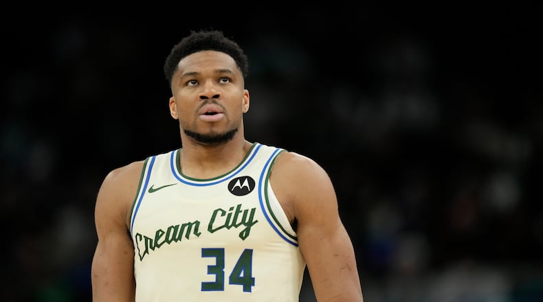 Milwaukee Bucks' Giannis Antetokounmpo looks on during the second half of an NBA basketball game against the Boston Celtics, Monday, March 2, 2026, in Milwaukee. (AP Photo/Aaron Gash)