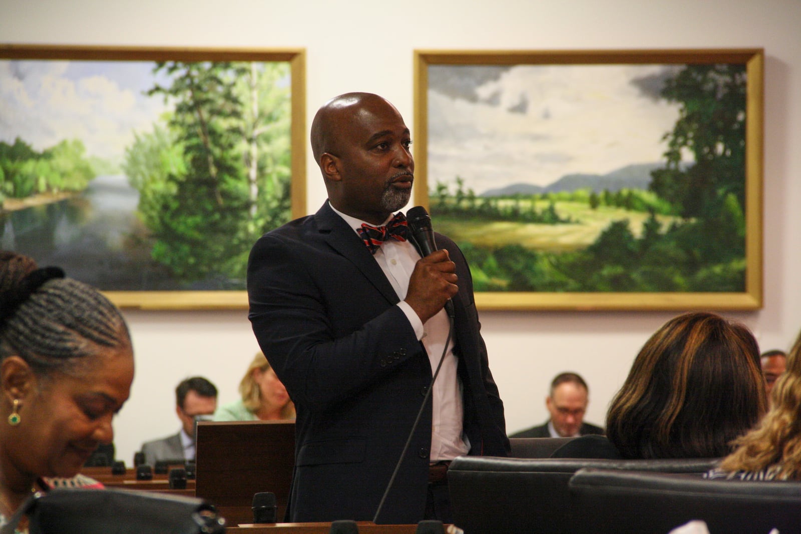 Rep. Zack Hawkins, D-Durham, speaks against an anti-DEI bill on the House floor in the North Carolina Legislative Building in Raleigh, N.C., Wednesday, June 25, 2025. (AP Photo/Makiya Seminera)