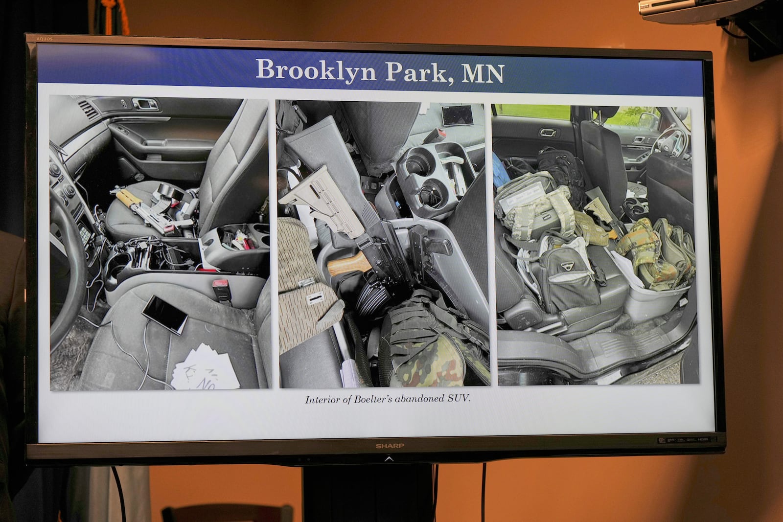 Evidence photos showing the interior of Vance Boelter's vehicle are presented during a news conference at the United States Courthouse in Minneapolis, Monday, June 16, 2025. (AP Photo/George Walker IV)