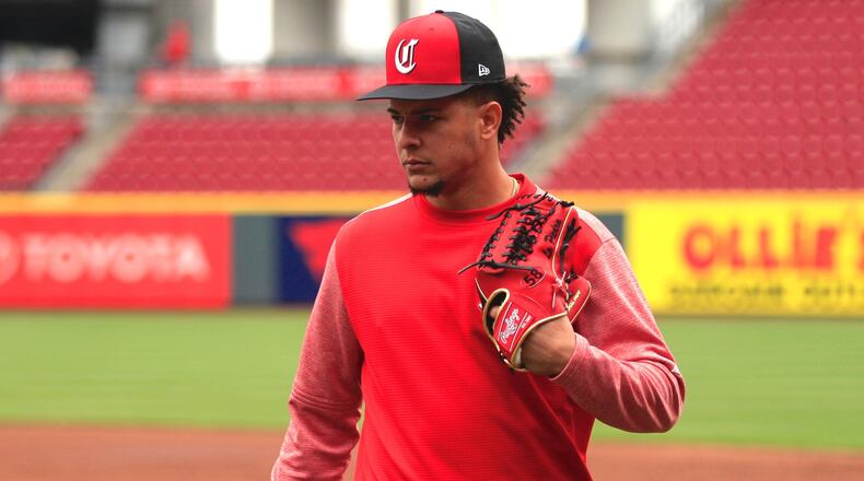 Reds pitcher Luis Castillo leaves the field after batting practice on Opening Day on Friday, March 30, 2018, at Great American Ball Park in Cincinnati. David Jablonski/Staff