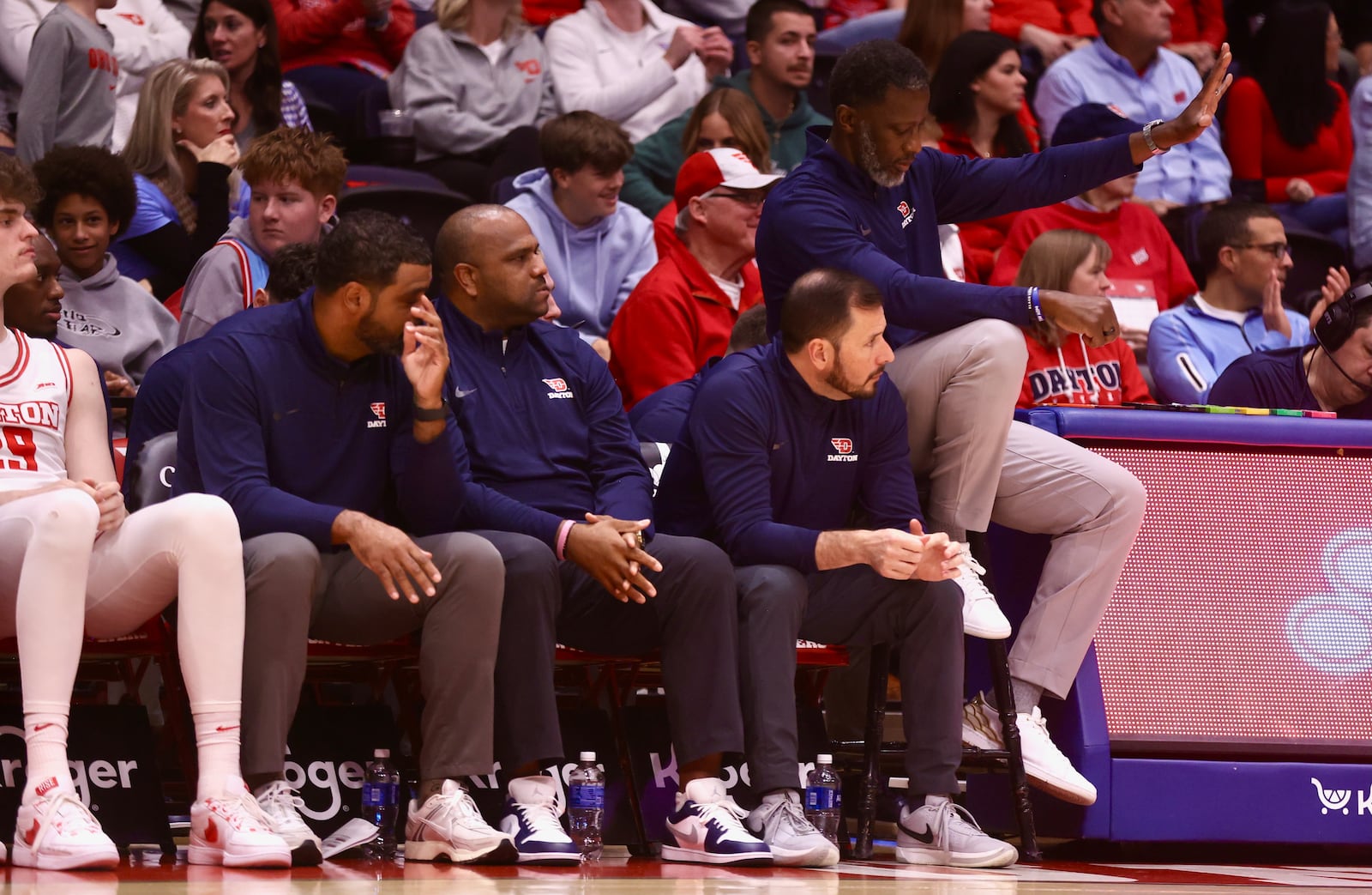 Dayton's Anthony Grant and his staff coach during a game against North Carolina Central on Saturday, Nov. 22, 2025, at UD Arena. David Jablonski/Staff