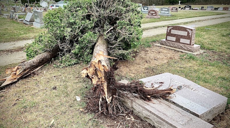 Harris Creek cemetery near Bradford had several trees and headstones knocked over by high winds late Thursday night March 14, 2024. MARSHALL GORBY \STAFF