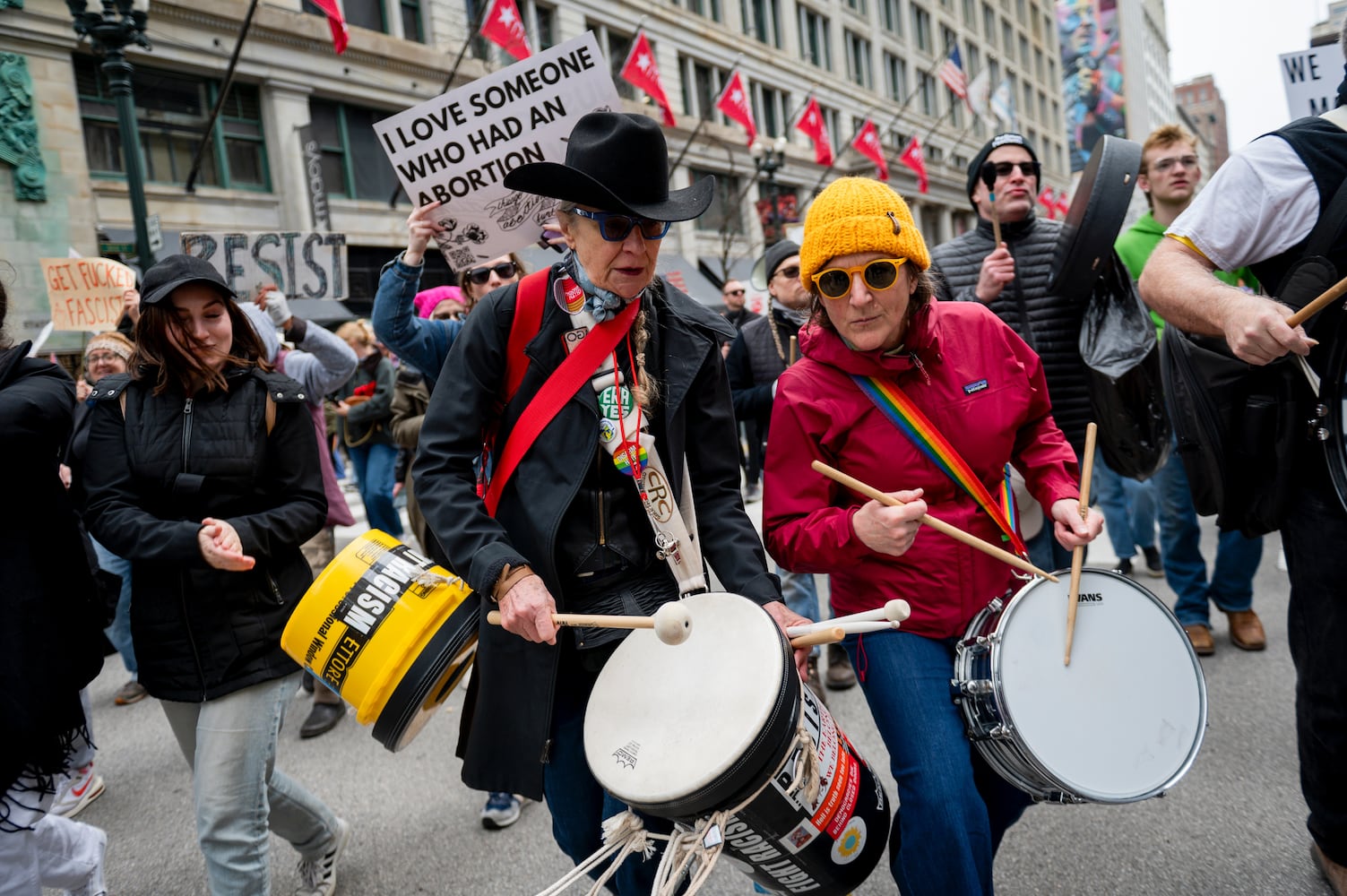 Drumming protesters at Daley Plaza in Chicago, during nationwide ÒHands Off!Ó demonstrations against President Donald TrumpÕs administration, on Saturday, April 5, 2025. (Vincent Alban/The New York Times)
