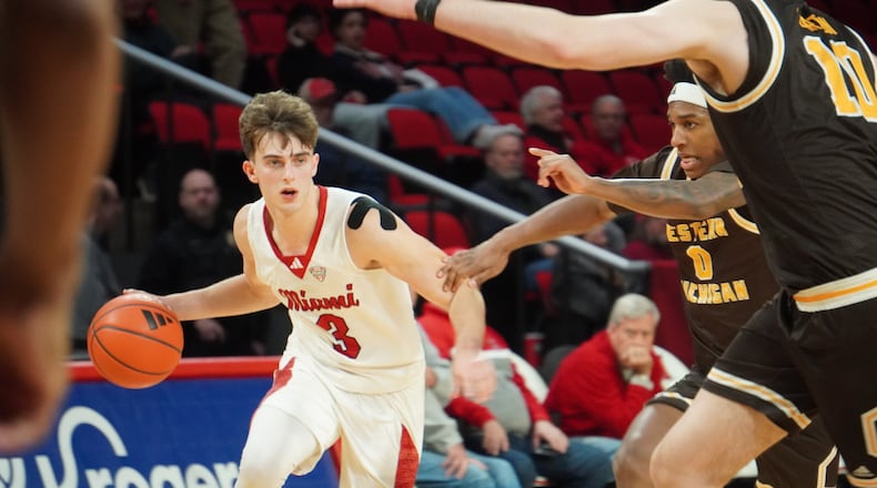 Miami’s Luke Skaljac dribbles the ball against Western Michigan on Tuesday night at Millett Hall. CHRIS VOGT / CONTRIBUTED